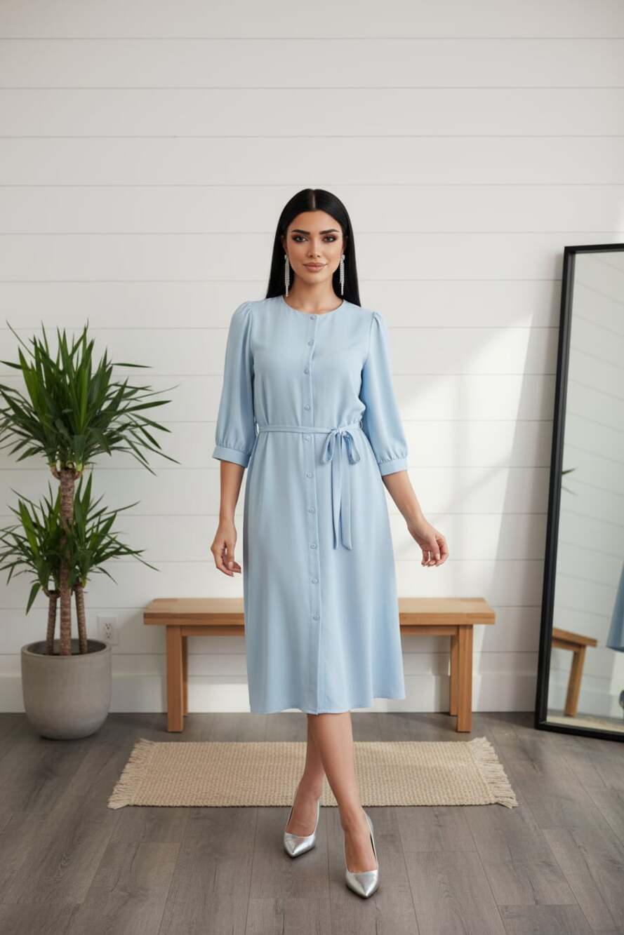 H Halston Aquamarine Button-Front Mini Dress with Tassel Tie Waist